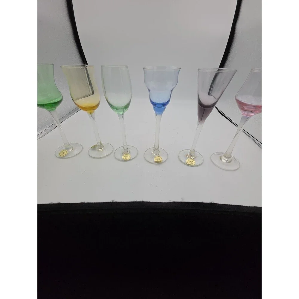 Block Crystal Set of 6 Multicolor Cordial Liqueur Glasses Mouth Blown Hand Cut